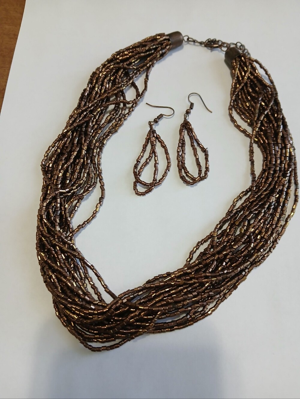 Paparazzi-Multi-Strand Bronze Sea Bead Necklace & Earrings Set